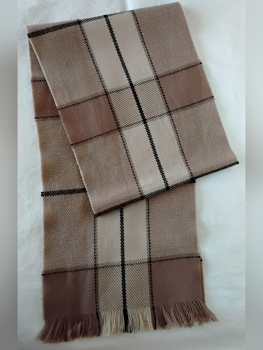 Plaid Fringe Womens Scarf in Taupe and Cream